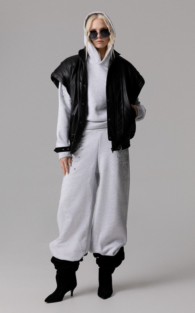 PANTALONE FELPA GAMBA LARGA E STRASS