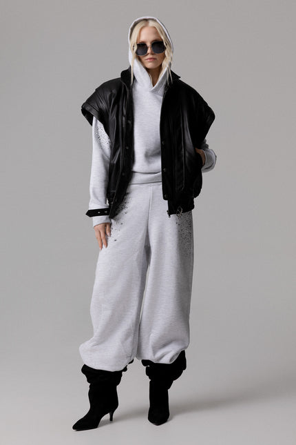 PANTALONE FELPA GAMBA LARGA E STRASS
