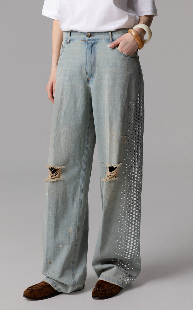 JEANS PALAZZO 100% COTONE CON ROTTURE E BORCHIE