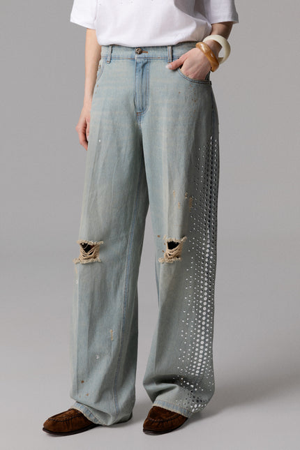 JEANS PALAZZO 100% COTONE CON ROTTURE E BORCHIE