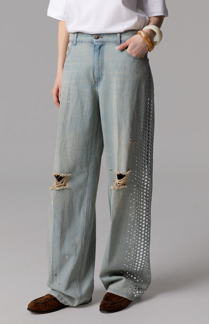 JEANS PALAZZO 100% COTONE CON ROTTURE E BORCHIE