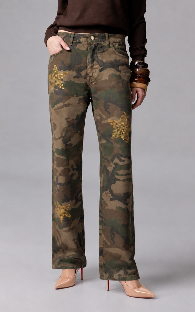CAMOUFLAGE JEANS WITH GOLD STAR PATCH