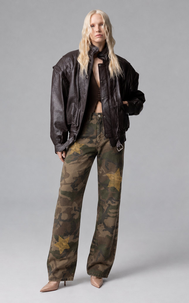 CAMOUFLAGE JEANS WITH GOLD STAR PATCH