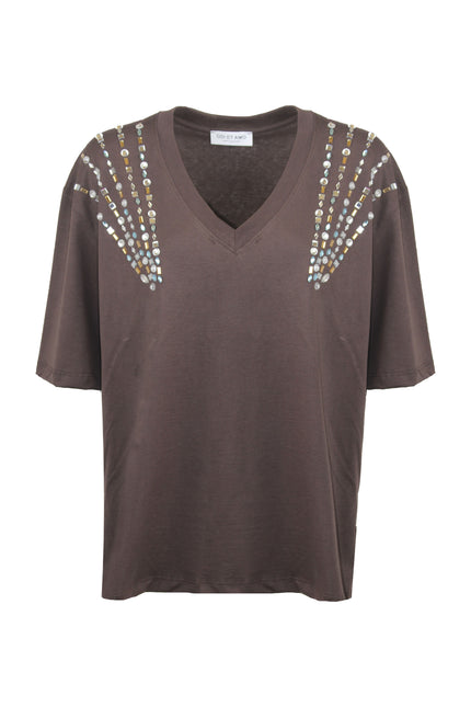 T-shirt donna marrone oversize scollo a V con pietre colorate e pantaloni a zampa coordinati ODI ET AMO