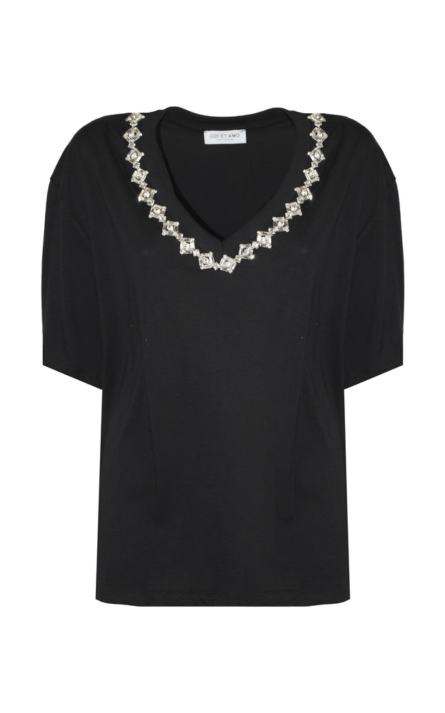 T-shirt donna nera in cotone oversize con scollo a V e applicazione strass