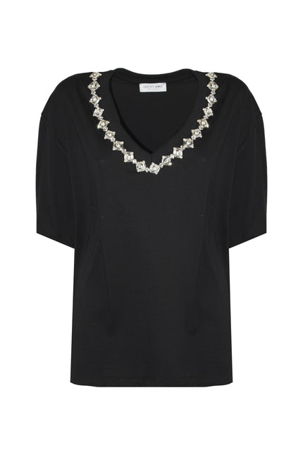 T-shirt donna nera in cotone oversize con scollo a V e applicazione strass