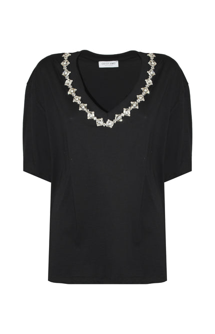 T-shirt donna nera in cotone oversize con scollo a V e applicazione strass