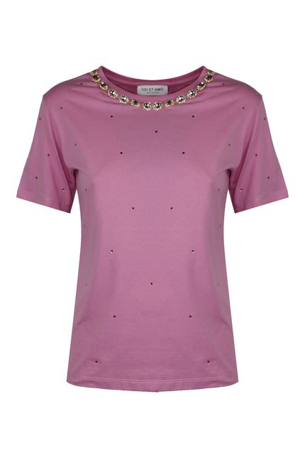T-shirt girocollo in cotone rosa con scollatura impreziosita da pietre gioiello e strass sul davanti