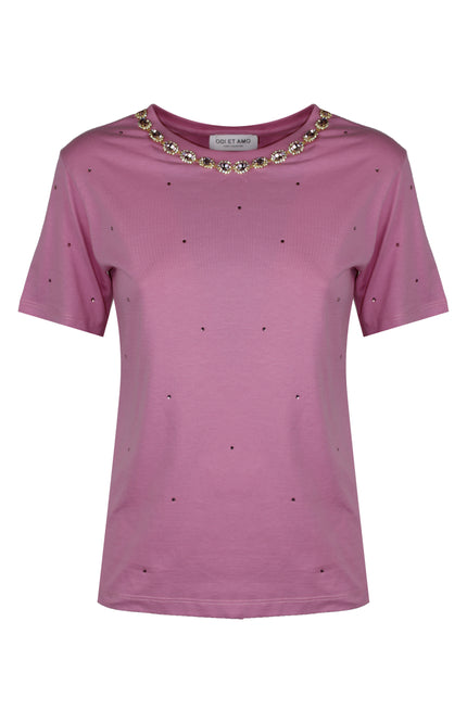 T-shirt girocollo in cotone rosa con scollatura impreziosita da pietre gioiello e strass sul davanti