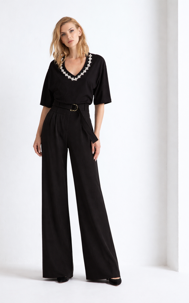 T-shirt nera oversize donna Dubai Diamante con scollo a V gioiello