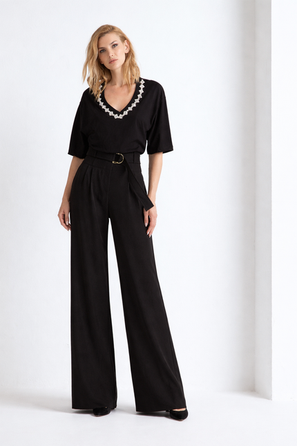 T-shirt nera oversize donna Dubai Diamante con scollo a V gioiello
