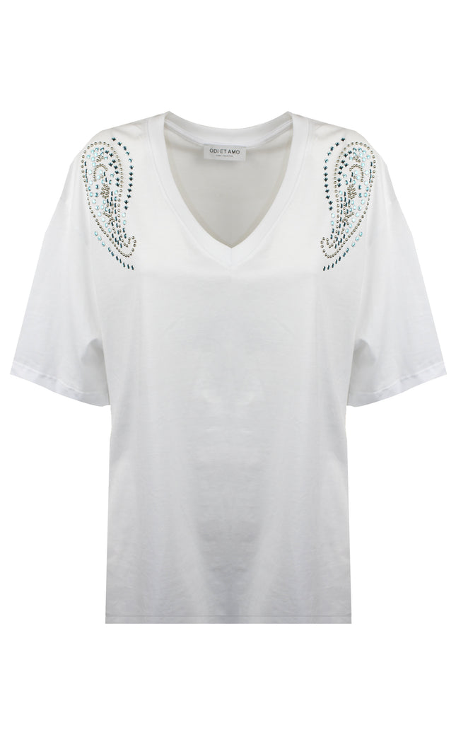 T-shirt oversize bianca con scollo a V e stampa grafica doodle nera sul davanti.