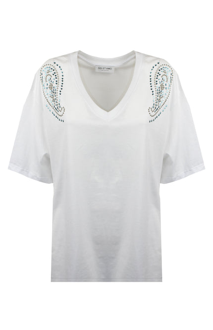 T-shirt oversize bianca con scollo a V e stampa grafica doodle nera sul davanti.