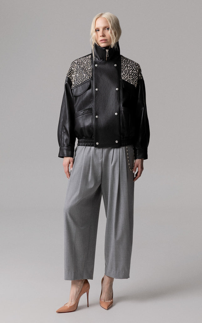 FAUX LEATHER JACKET WITH HAND-EMBROIDERED STONES