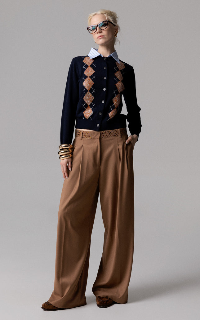 CARDIGAN COLLETTO A CAMICIA CON ROMBI E STRASS