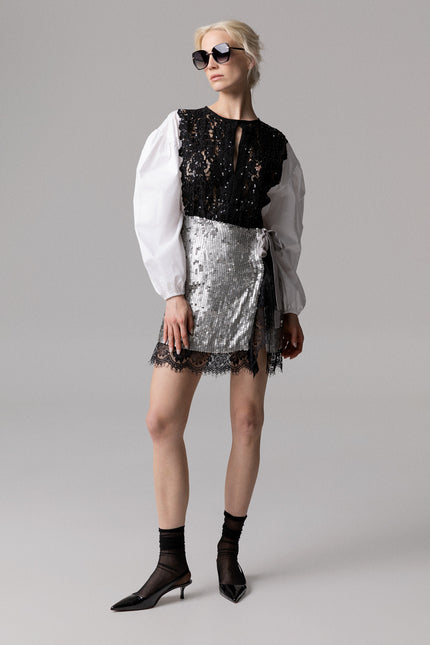 CAMICIA IN POPELINE CON PIZZO E PAILLETTES