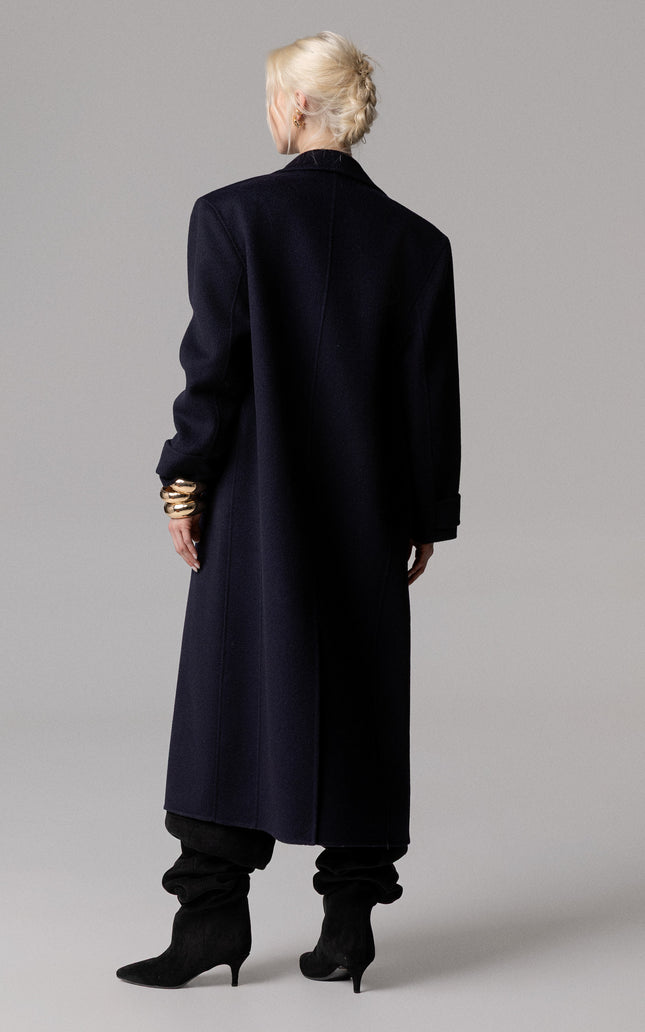CAPPOTTO OVERSIZE BLU IN 100% LANA CON SCIARPA REMOVIBILE