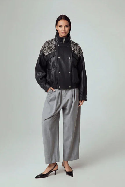 ECO-LEATHER BOMBER JACKET WITH HAND-EMBROIDERED CRYSTALS AND RHINESTONES