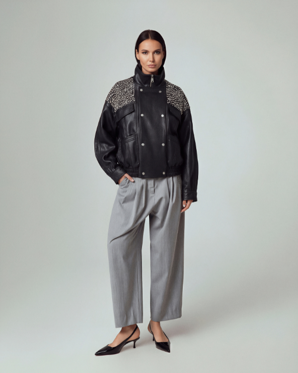 GIUBBINO/BOMBER IN ECOPELLE CON CRISTALLI E STRASS RICAMATI A MANO