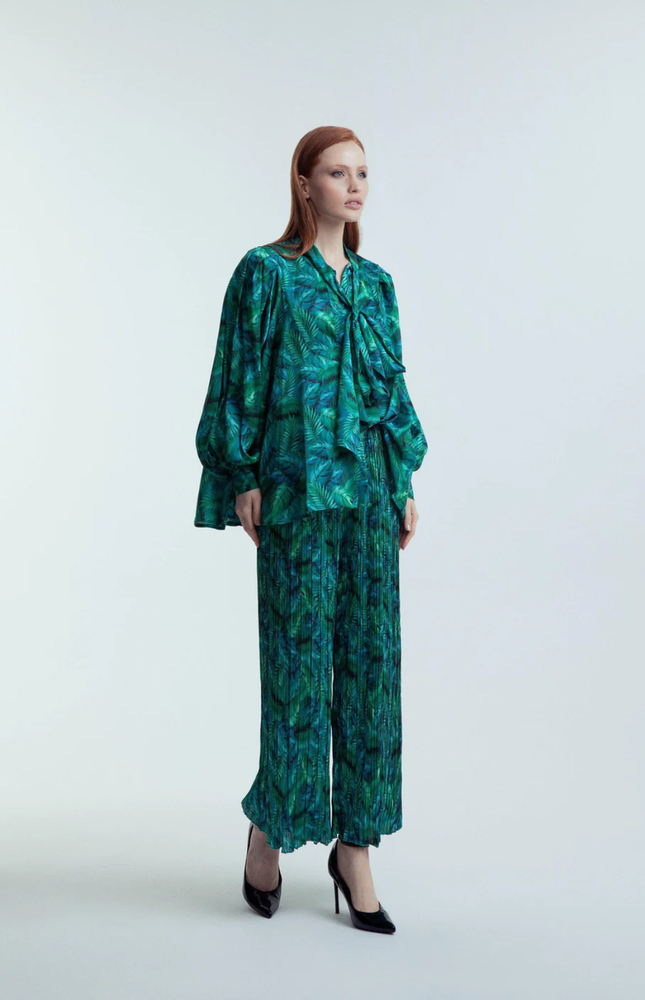 COORDINATO BLUSA AMPIA E PANTALONE PLISSETTATO A PALAZZO STAMPA FLOREALE VERDE
