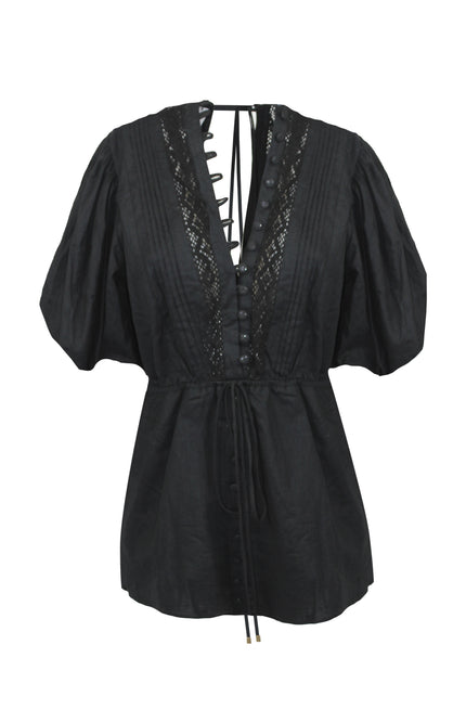 Vestito estivo corto nero di lino con coulisse regolabile in vita.