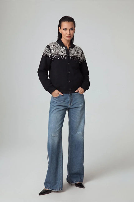 PRECIOUS COTTON BOMBER JACKET WITH HAND-EMBROIDERED BUTTONS AND STONES