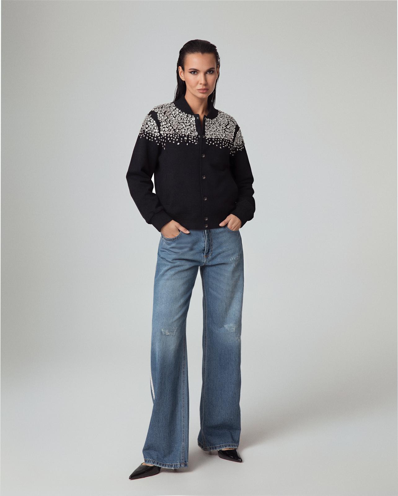 BOMBER PREZIOSO IN COTONE CON BOTTONI E PIETRE RICAMATE A MANO