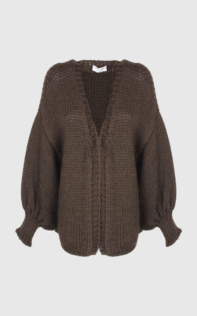 Chunky brown knit cardigan with balloon sleeves and ribbed cuffs, front view