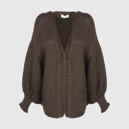 Chunky brown knit cardigan with balloon sleeves and ribbed cuffs, front view