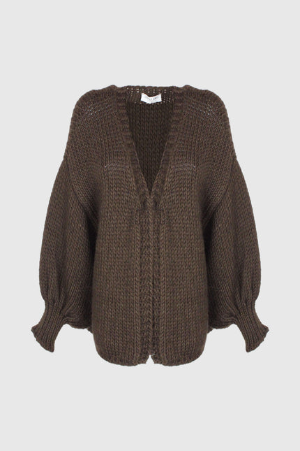 Chunky brown knit cardigan with balloon sleeves and ribbed cuffs, front view