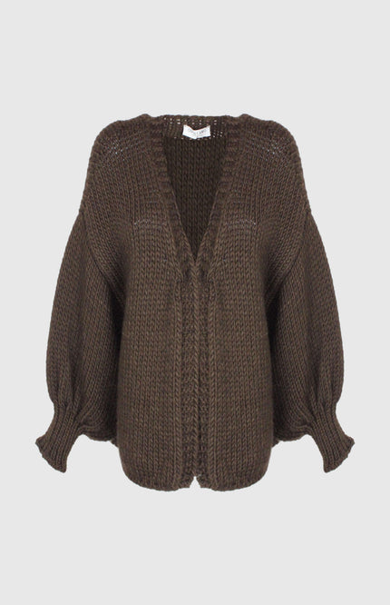 Chunky brown knit cardigan with balloon sleeves and ribbed cuffs, front view