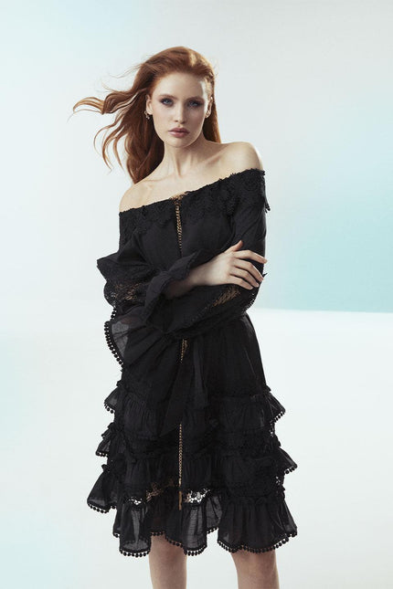 ABITO CORTO IN COTONE BIANCO CON SCOLLO BARDOT INSERTI IN PIZZO SEMITRASPARENTI