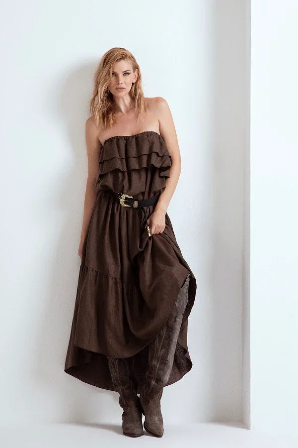 LONG LINEN DRESS WITH RUFFLES