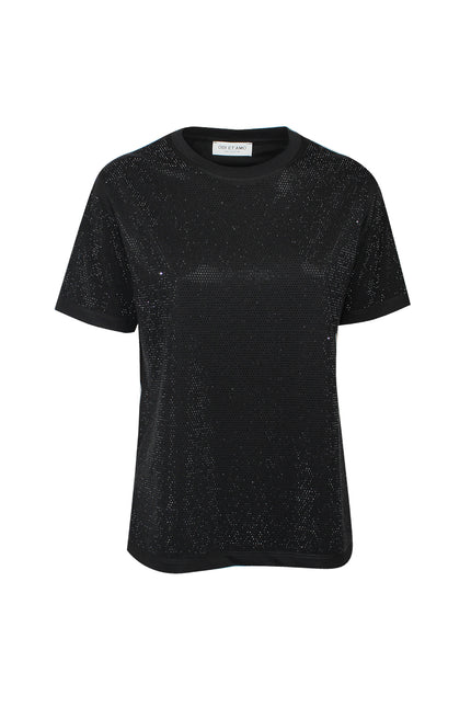 black T-shirt nera a girocollo e maniche corte da donna con applicazione full strass scintillanti sulla parte anteriore