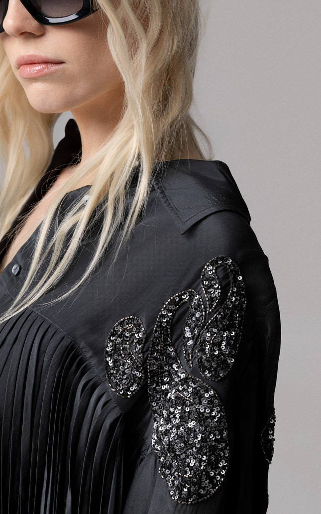 CAMICIA IN VISCOSA CON FRANGE E RICAMO A MANO