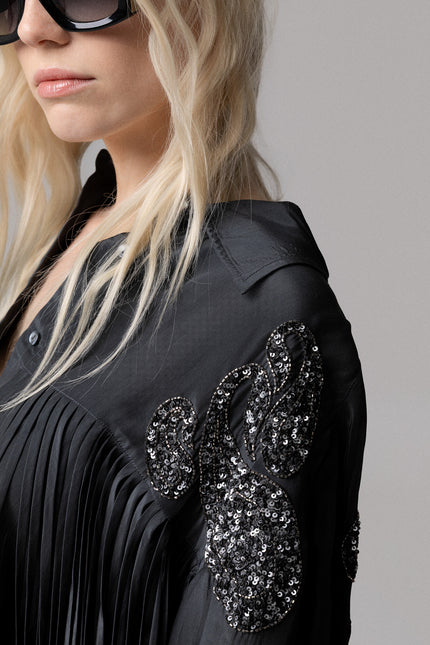 CAMICIA IN VISCOSA CON FRANGE E RICAMO A MANO