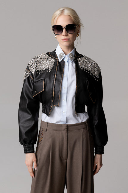 BOMBER  ECO‐PELLE STRASS RICAMATI A MANO