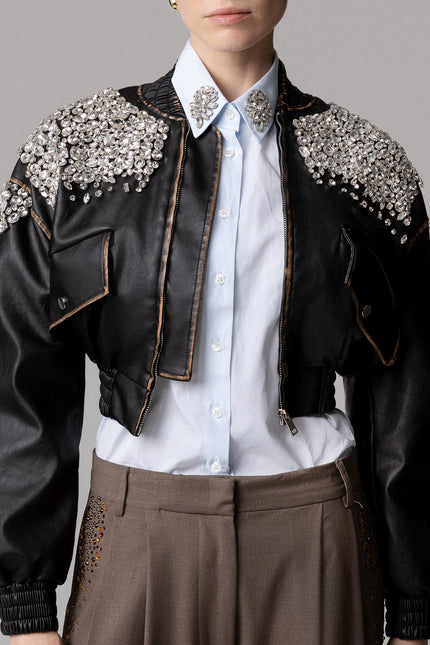 BOMBER  ECO‐PELLE STRASS RICAMATI A MANO
