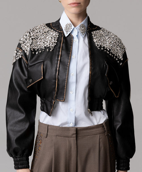 BOMBER  ECO‐PELLE STRASS RICAMATI A MANO