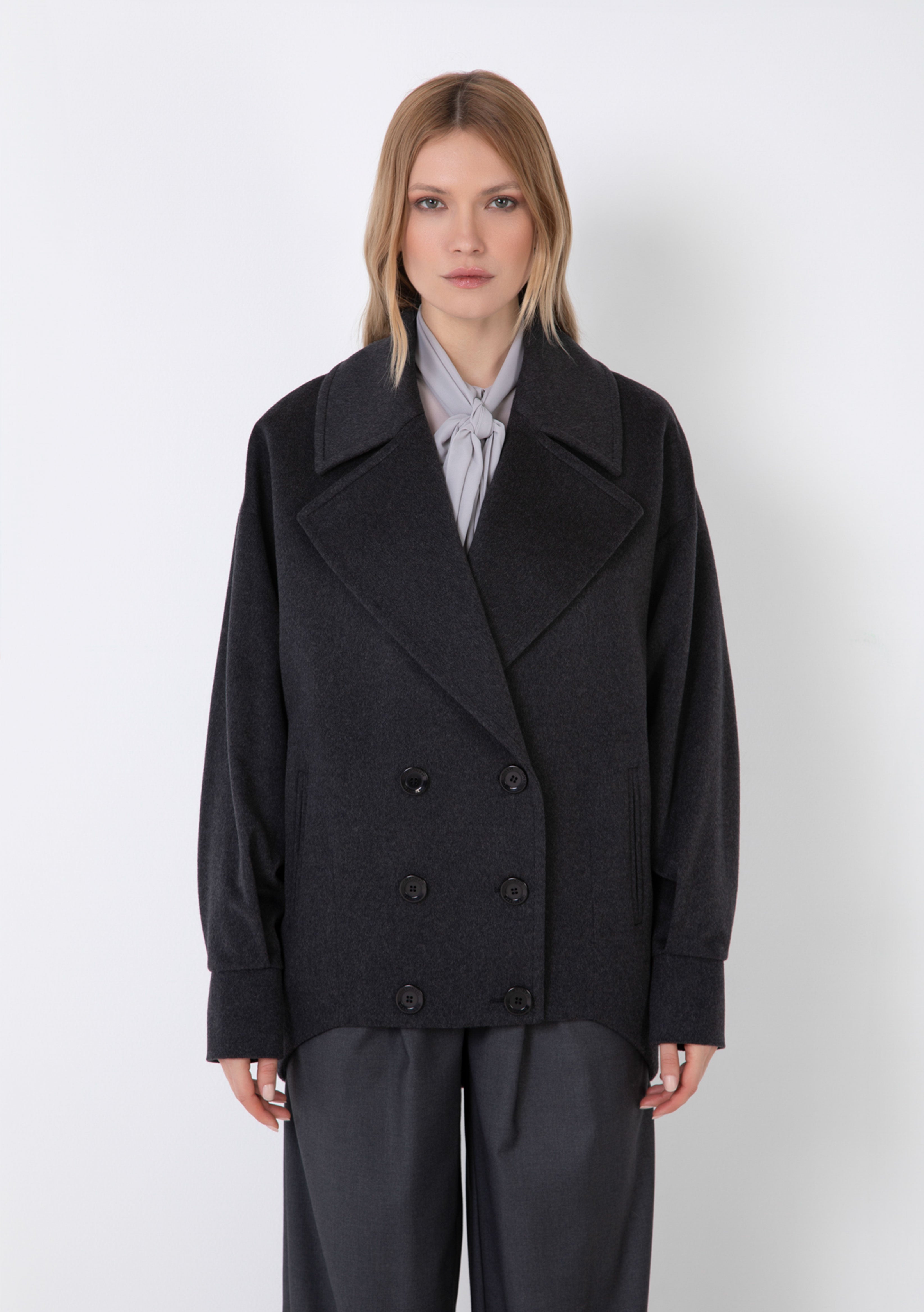 OVERSIZED DOUBLE-BREASTED SHORT CABAN COAT IN CASHMERE BLEND