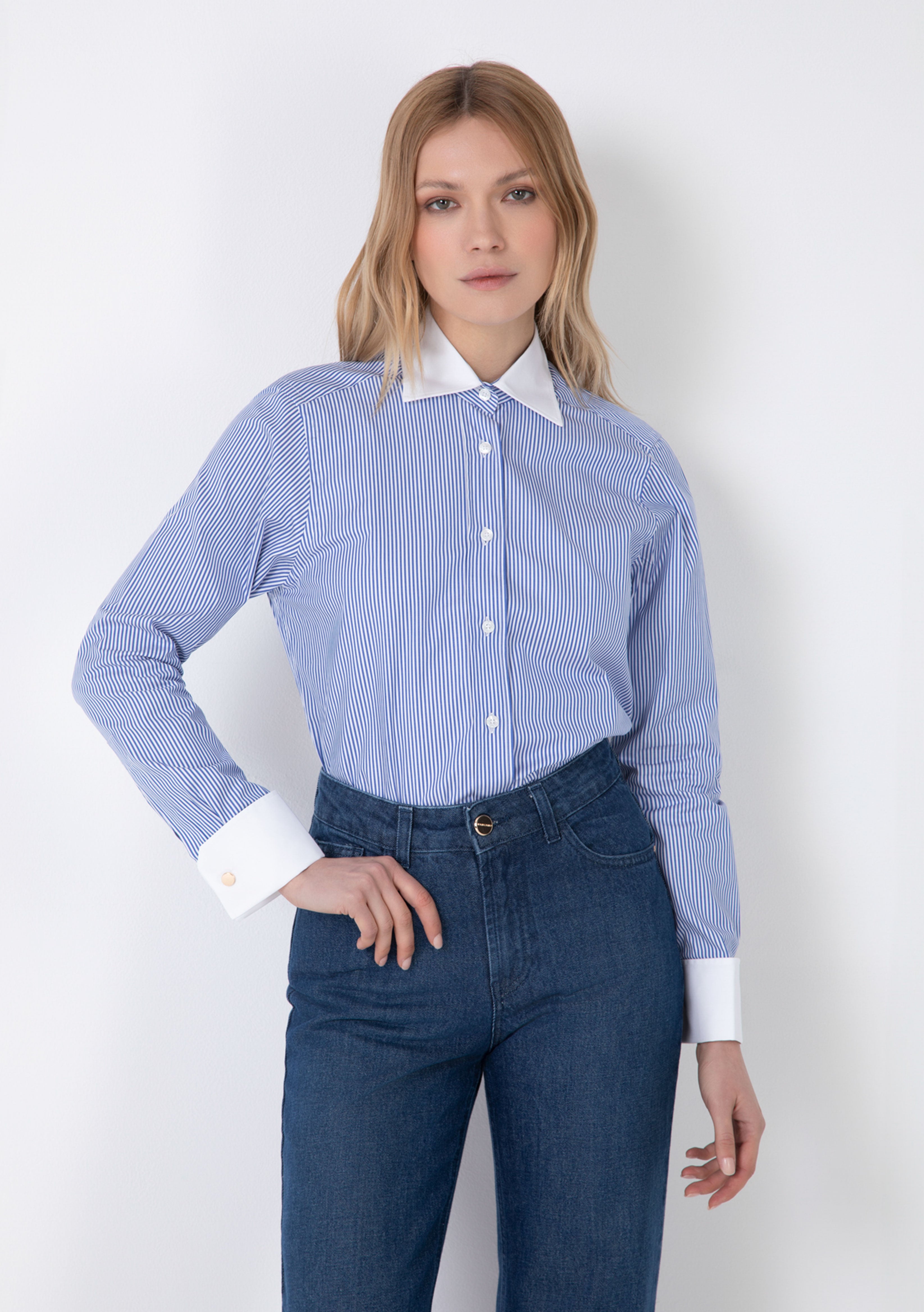 STRIPED OXFORD SHIRT WITH RHINESTONE ON THE COLLAR AND CUFFS