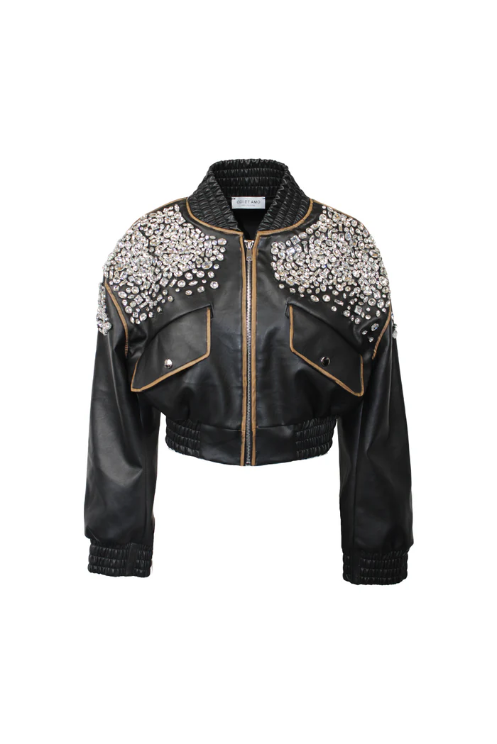 BOMBER ECO‐PELLE STRASS RICAMATI A MANO.