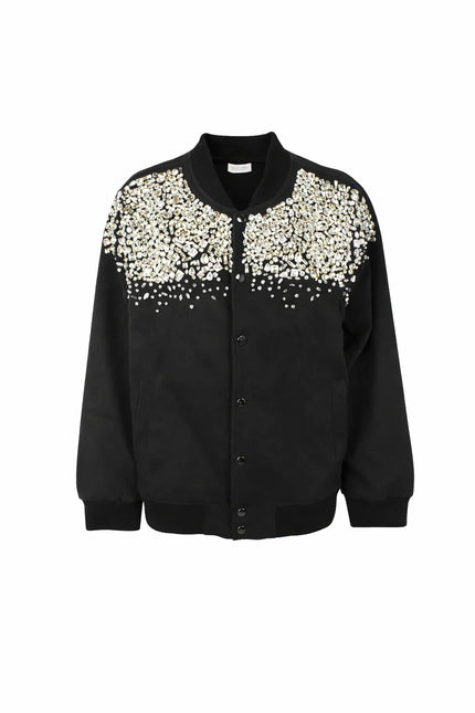PRECIOUS COTTON BOMBER JACKET WITH HAND-EMBROIDERED BUTTONS AND STONES