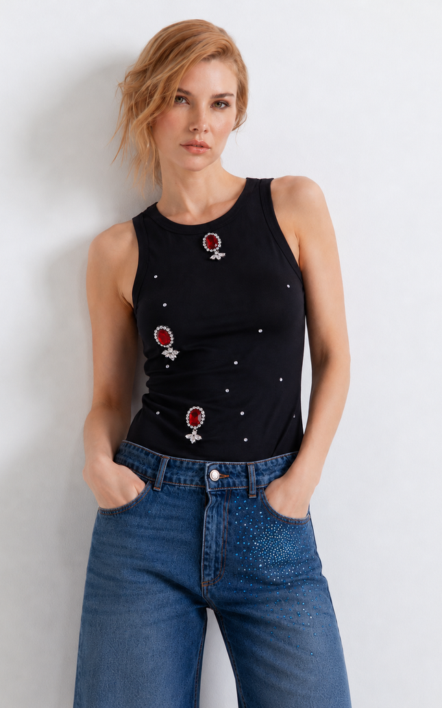 RIBBED TANK TOP WITH RHINESTONE AND EMBROIDERY 