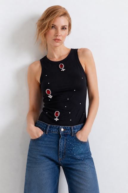 RIBBED TANK TOP WITH RHINESTONE AND EMBROIDERY 