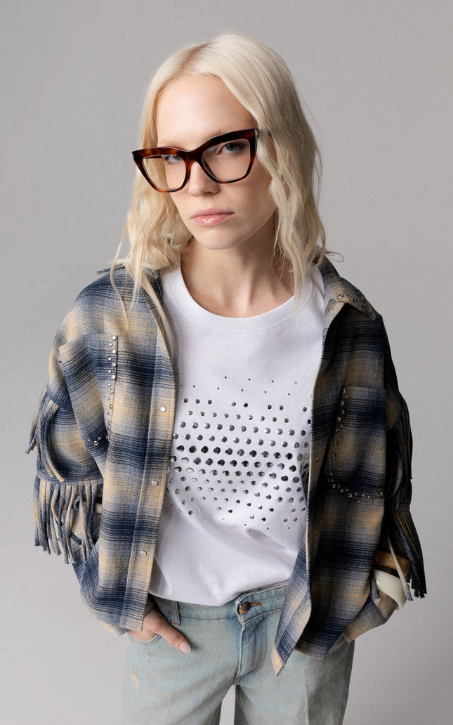 Giacca camicia fantasia check con frange e borchie donna