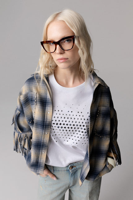 Giacca camicia fantasia check con frange e borchie donna