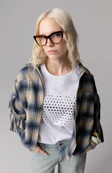 Giacca camicia fantasia check con frange e borchie donna