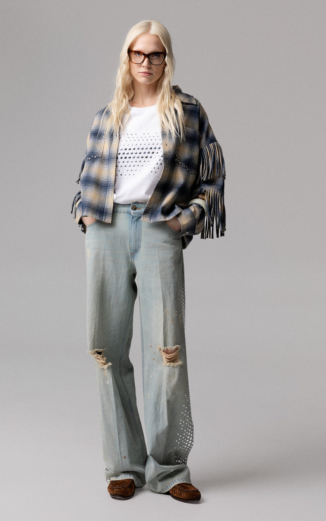 Giacca camicia stile quadri con frange sulle maniche e borchie per donna