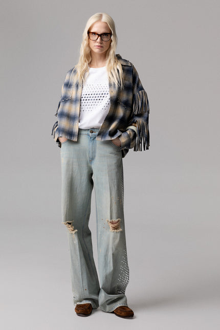Giacca camicia stile quadri con frange sulle maniche e borchie per donna